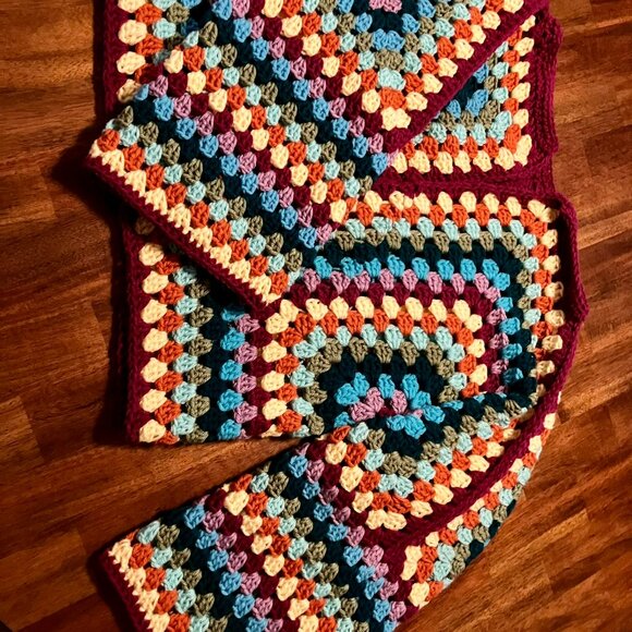 Cardigan Sweater Multicolor Handmade Crochet with 2 Buttons Large - Picture 3 of 9